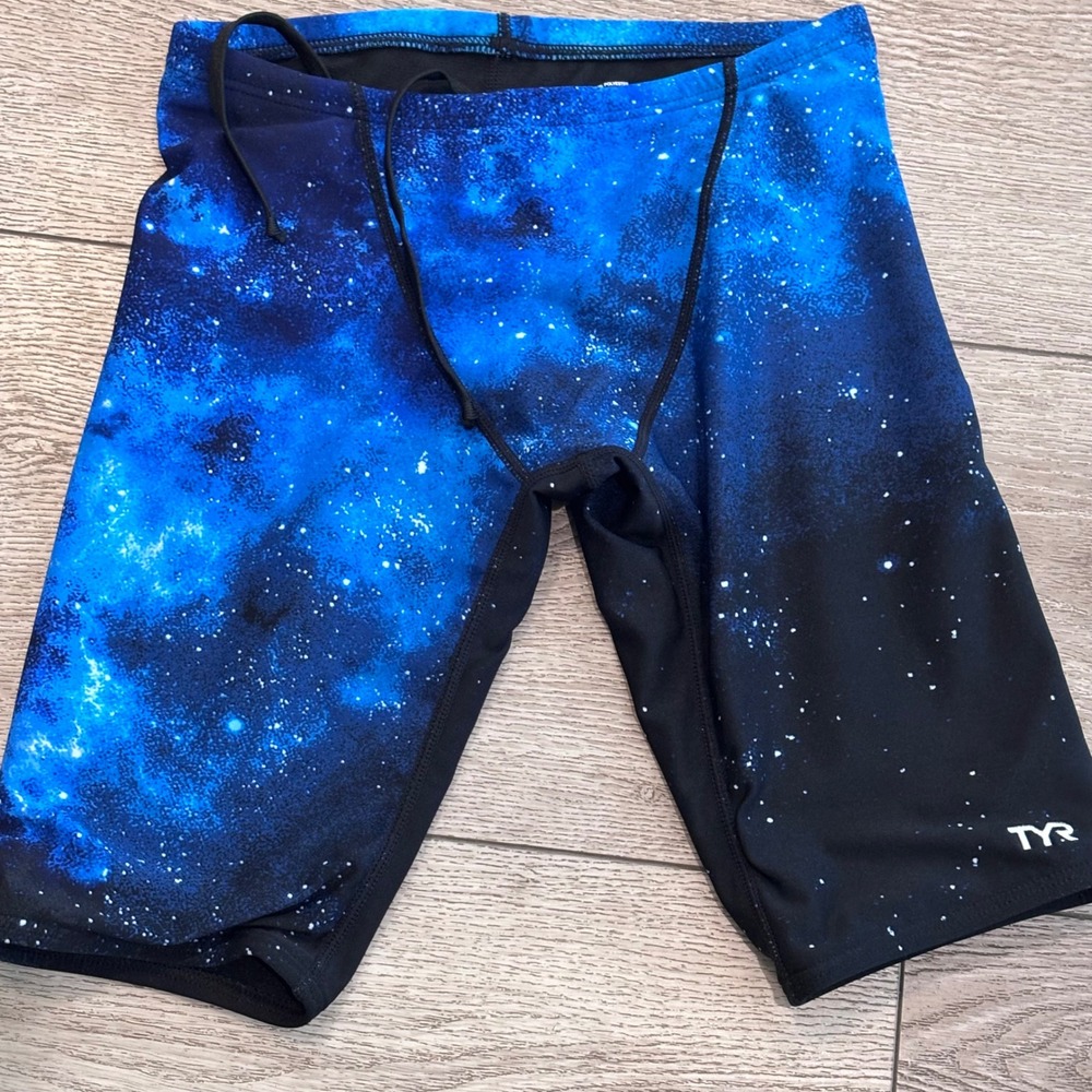 TYR Swim Jammer Mens 28 Blue Galaxy Star Print Compression Performance Trunks